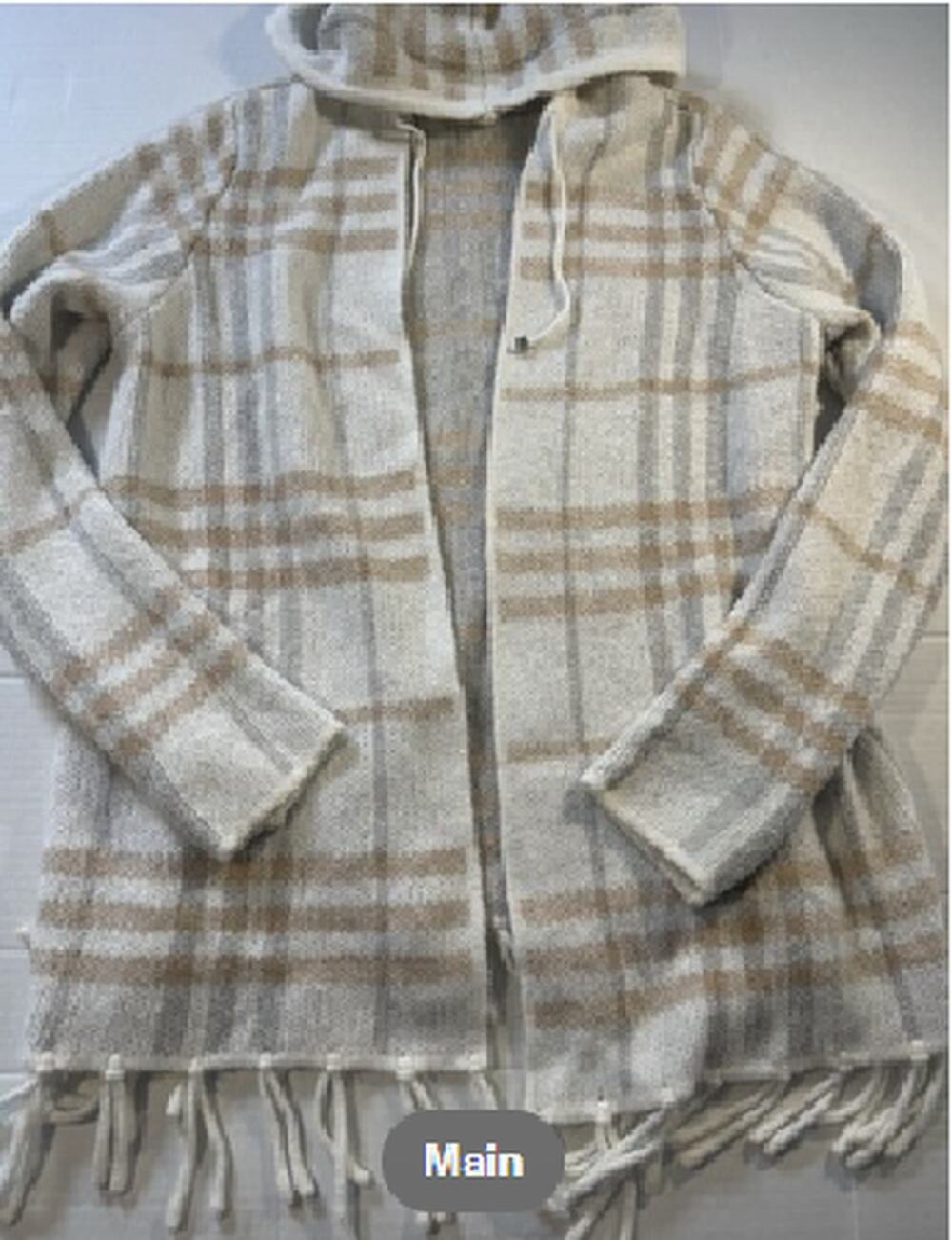 Adrienne Vittadini Women’s Gray Beige Plaid Knit Hooded Fringe Hem Sweater M